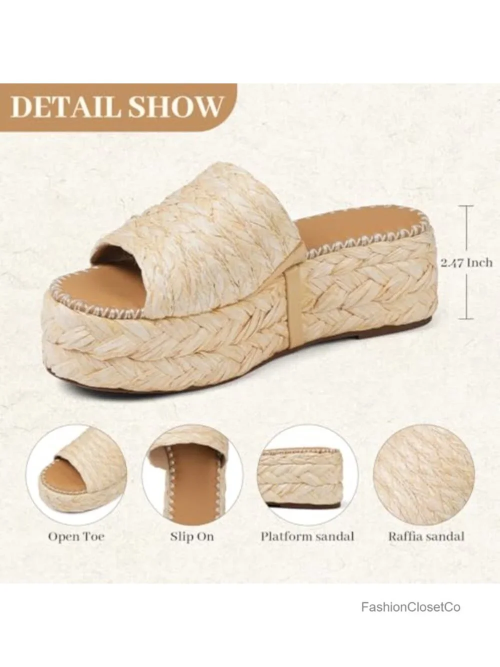 Wedge Sandals Espadrille Women Platform Sandals Slip On Raffia Slide Sandals